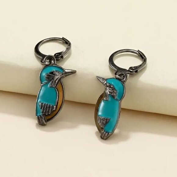 NEW Meadowlark Turquoise Blue Enamel Bird Pewter Drop Earrings - Picture 2 of 4